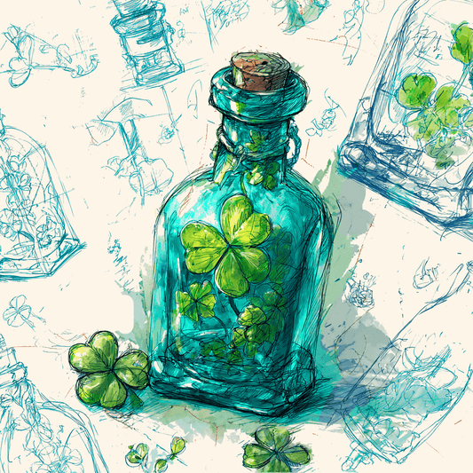 St. Patrick’s Day clover bottle sketch featuring a charming green bottle with clovers inside.