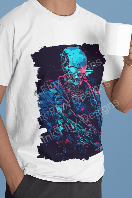 Person holding a mug wearing a white t-shirt with a vibrant cybernetic skeleton cyborg design from Ink Flux Designs.