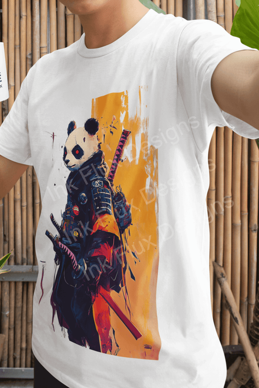 Man wearing a white t-shirt featuring a vibrant print of a panda samurai with multiple swords against a yellow and orange splash background.