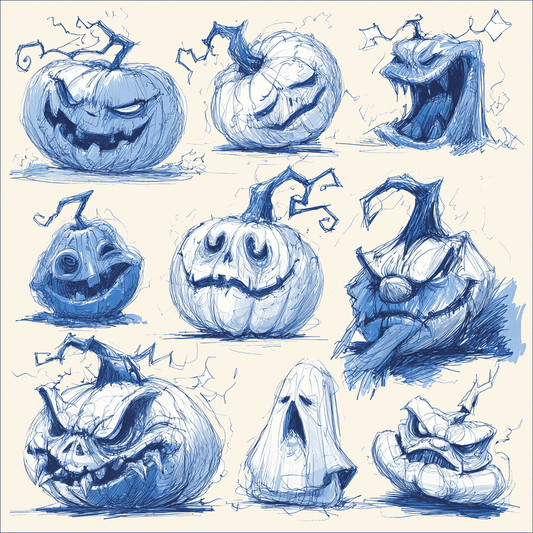 jack o lantern sketch studies showcasing various spooky pumpkin designs in blue sketches.