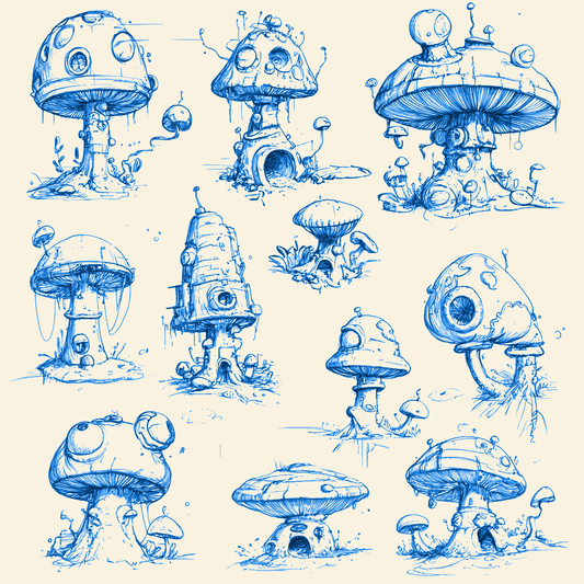 Whimsical blue sketches of various cosmic mushrooms, showcasing surreal designs for a Space Mushroom T-Shirt concept.