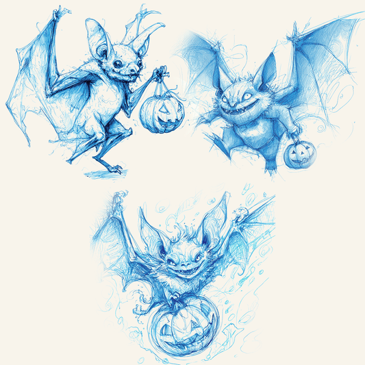 Bat sketch studies featuring whimsical bats holding jack-o'-lanterns in blue pencil art.