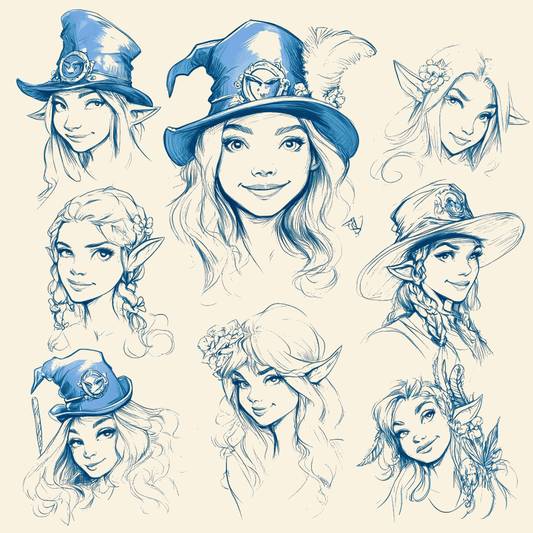 Collection of hand-drawn sketches of enchanting ladies with Celtic hats, celebrating St. Patrick’s Day by Ink Flux Designs.