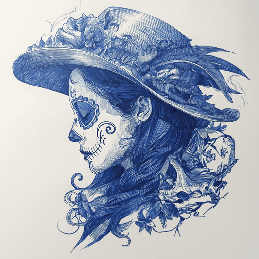 Blue ink Catrina art showcasing a detailed tribute, reflecting day of the dead catrina art.