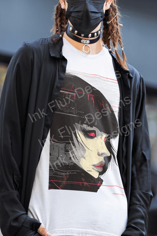 Trendy person wearing a cyberpunk T-shirt with a graphic of a female character in a futuristic design, styled with a black jacket and choker.