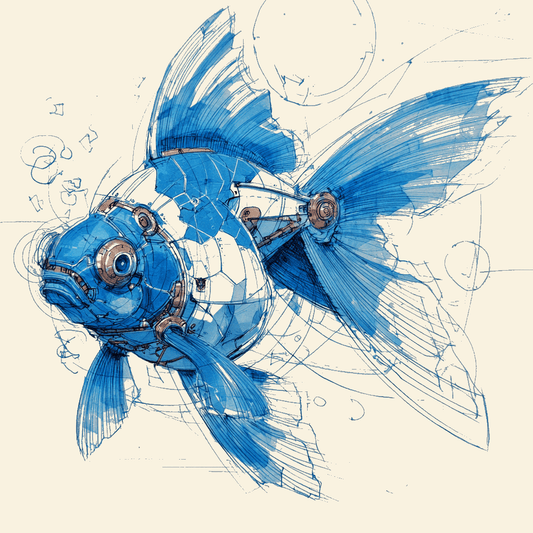 Cyborg goldfish sketch in blue ink showcasing a futuristic design and vibrant colors.