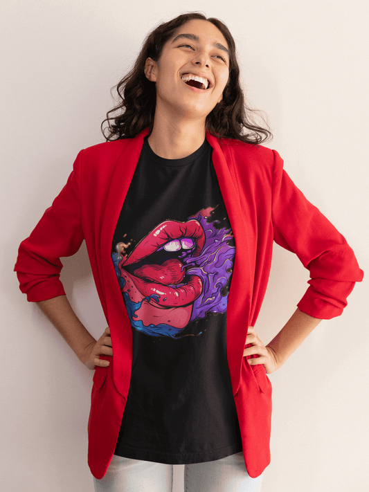 Woman in red blazer and smile-themed graphic t-shirt laughing joyfully, embodying modern art and style.