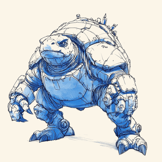 Cyberpunk turtle concept sketch by Ink Flux Designs, showcasing a robotic, detailed character design.