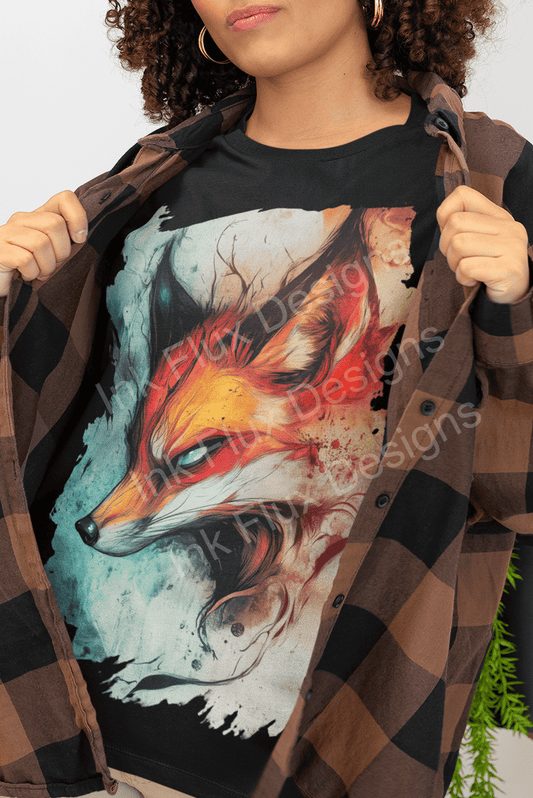 Woman displaying a mystical fox design t-shirt from the Spirit Animals Collection.
