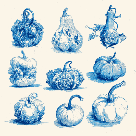 Pumpkin sketchbook study of various squash and pumpkins illustrated in blue ink on a cream background.