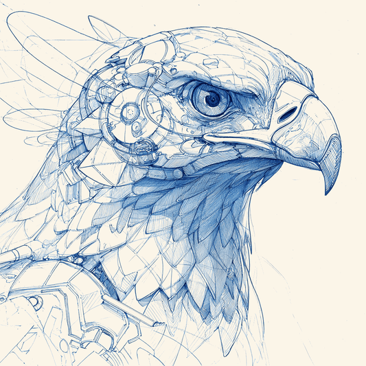 A detailed sketch of a cybernetic eagle, showcasing intricate designs in blue ink, glorious feathers and mechanical features.