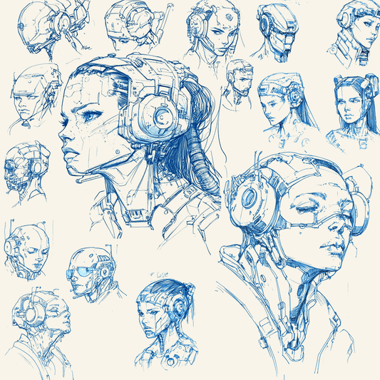 Concept sketches of cyberpunk cyborg women by Ink Flux Designs, blending human features with futuristic technology.