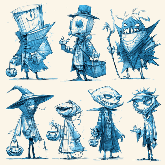 trick or treater character sketches of various spooky characters holding candy buckets