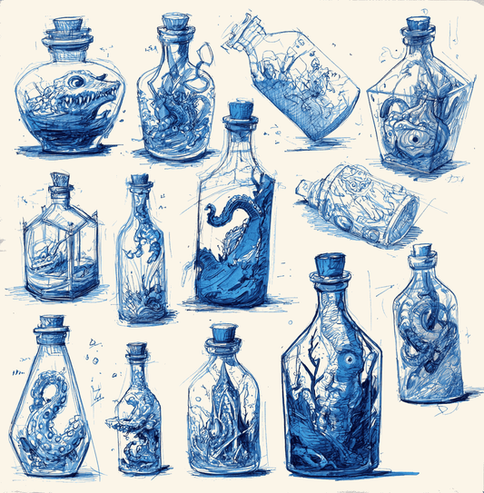 Uncorking Imagination: New Sketches of Creatures in a Bottle featuring various fantastical beings in glass bottles.
