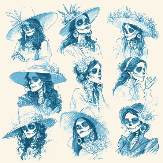 Catrina blue ink sketch featuring multiple elegant skull designs in blue ink style.