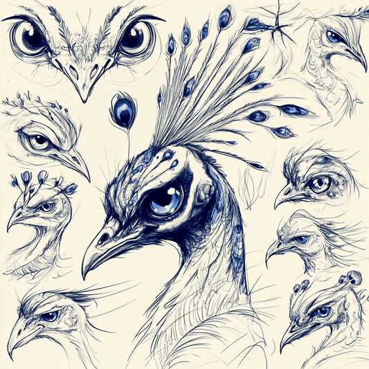 Collection of intricate peacock sketches showcasing various feather and eye details for art inspiration.