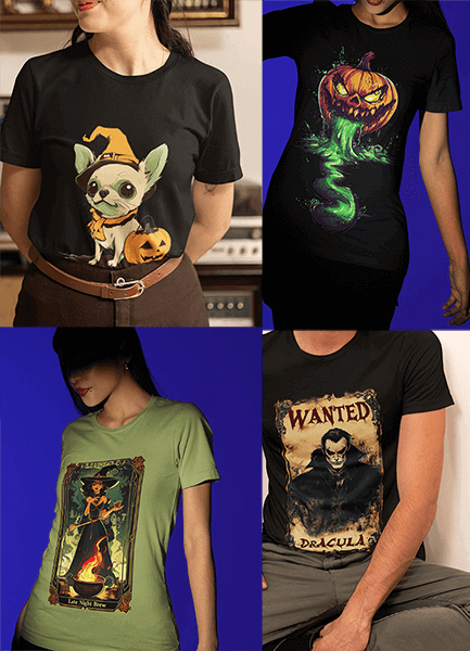 Collection of Halloween shirts featuring unique designs: cute creature with pumpkin, glowing jack-o-lantern, witch in green frame, and Dracula wanted poster.
