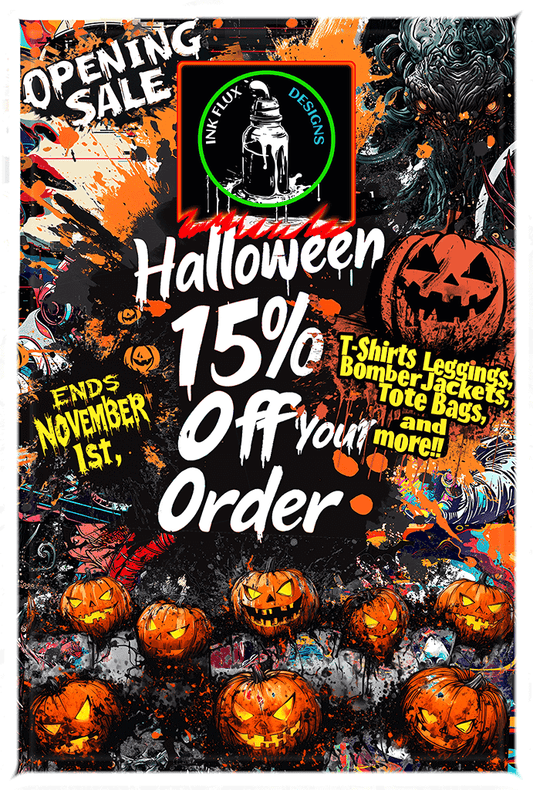 Halloween sale poster with 15% off announcement, featuring spooky pumpkins, bats, and Ink Flux Designs logo.