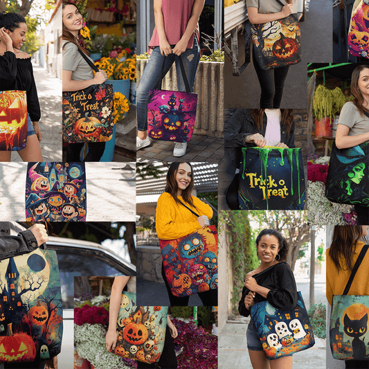 People of various ages holding colorful Halloween-themed tote bags, featuring designs like pumpkins and ghosts, perfect for trick-or-treating.