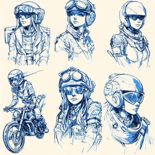 Sketches of cyberpunk biker women, showcasing their stylish gear and attitude in a dynamic ink style.