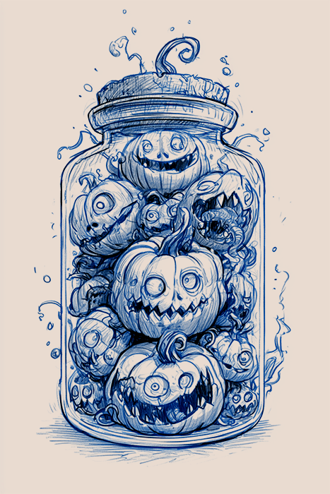 Halloween pumpkin art sketch featuring creepy cartoon pumpkins packed inside a glass bottle