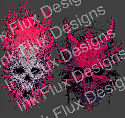 Skull Graphic T-Shirts showcasing vibrant skull designs in pink and black flames.