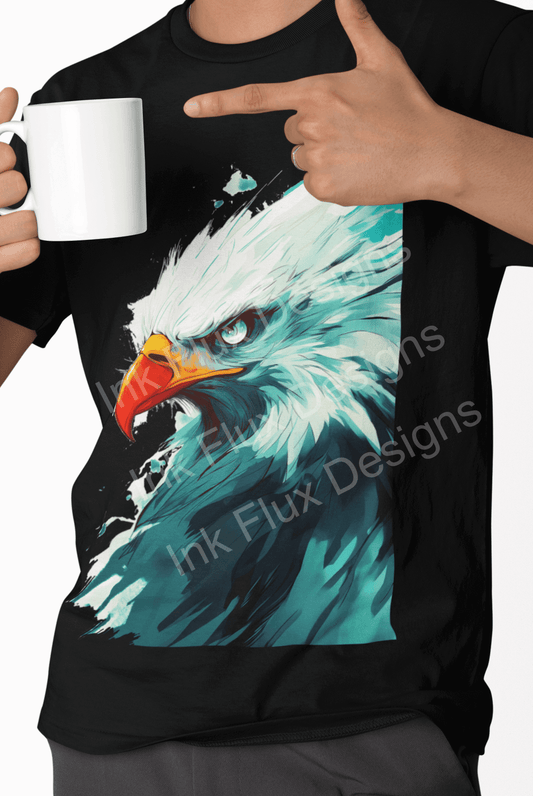Person holding a white mug while pointing at a black T-shirt featuring a vibrant bald eagle design in intense blue and white colors.