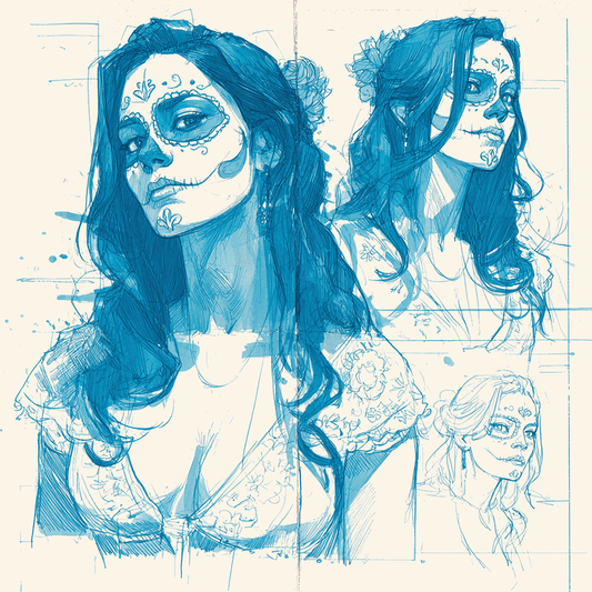 Día de Muertos Concepts in blue ink sketches showcasing female faces in dia de muertos sketchbook studies.