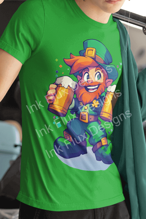 Green St. Patrick's Day T-shirt featuring a leprechaun holding a beer from Ink Flux Designs.