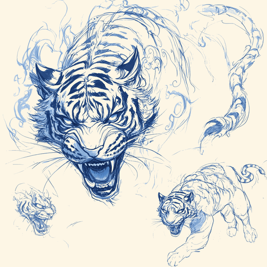 Dynamic sketches of tigers showcasing power and grace, blending untamed energy with mythical elements by Ink Flux Designs.