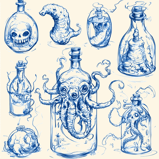 Artistic sketches of tentacled monsters in bottles, showcasing unique Ink Flux Designs.