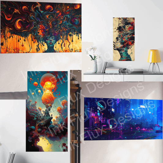 Collection of Ink Flux Designs posters featuring surreal dreamscape and cyberpunk cityscape in stylish interior settings.
