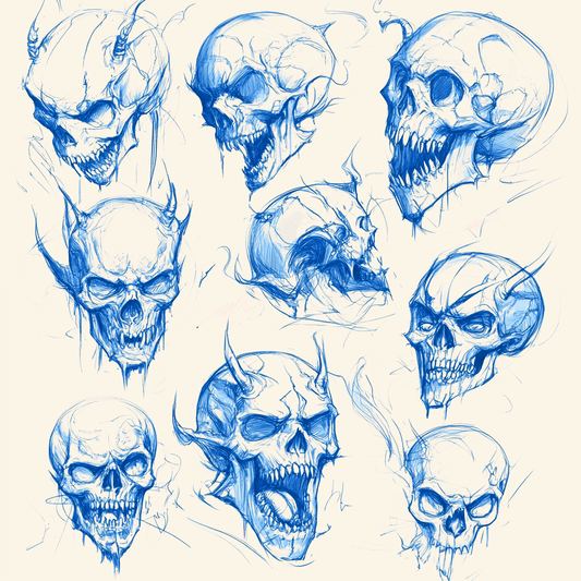 Collection of detailed blue sketches of various skull designs, showcasing bold and unique artistic styles.