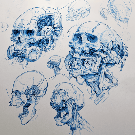 Cybernetic skull art sketches exploring mechanical anatomy, cables, machinery, and futuristic cyberpunk skull designs