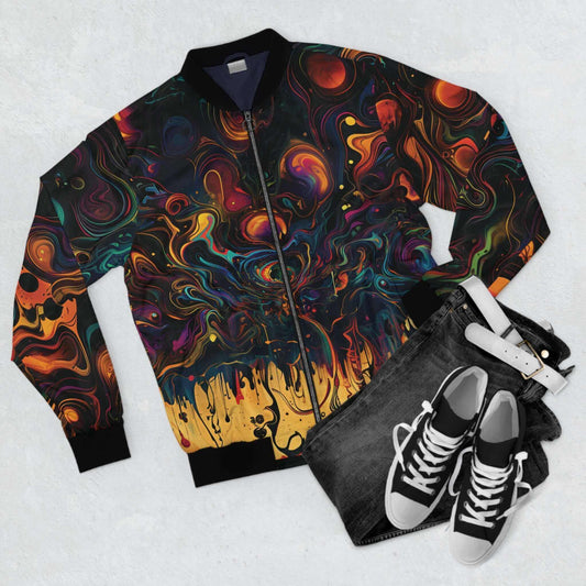 Artistic all-over print bomber jacket with vibrant abstract design paired with black jeans and sneakers.
