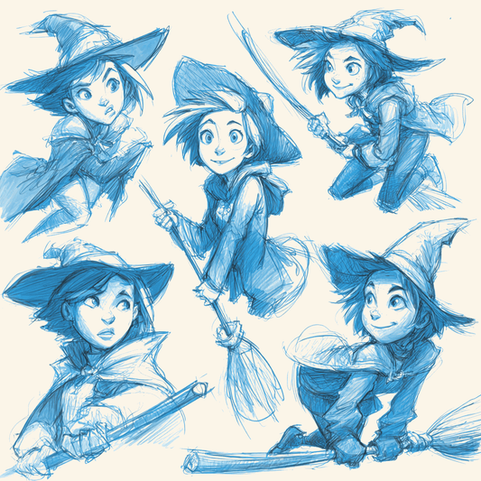 Sketchbook Drop: Pocket Witches in Motion showcasing whimsical blue sketches of pocket-size witches in dynamic poses.