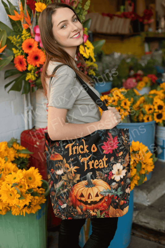 Smiling woman holding a Halloween-themed tote bag with "Trick or Treat" and pumpkin design in a colorful flower shop