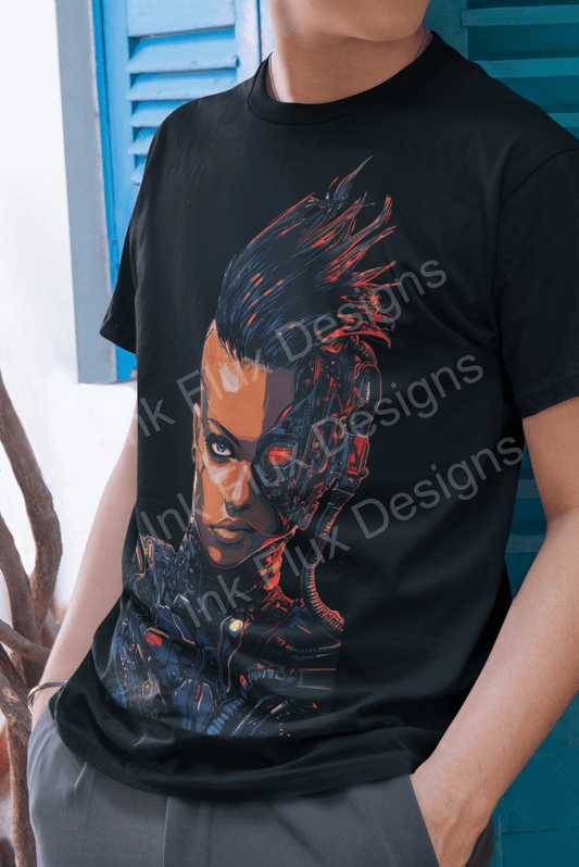 Person wearing a black T-shirt featuring a cyberpunk cyborg design with vibrant, futuristic aesthetics.