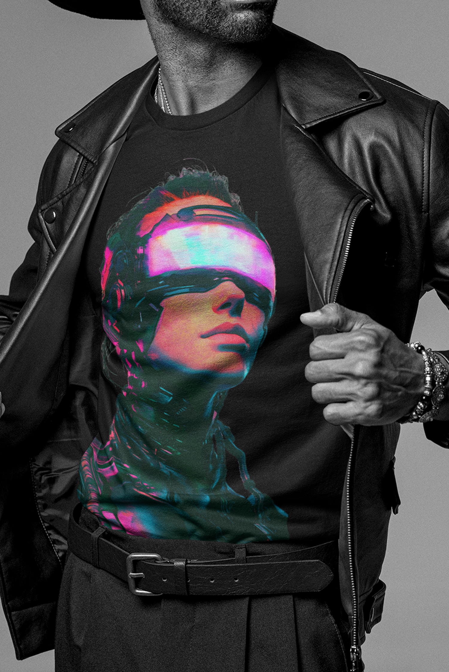 Man in a leather jacket showcasing a cyberpunk t-shirt with vibrant, abstract neon portrait design