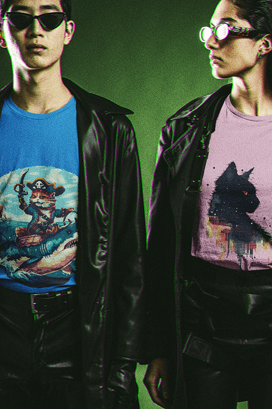 A stylish couple wearing graphic t-shirts and leather jackets, one with a pirate-themed print and the other featuring a silhouette cat design.