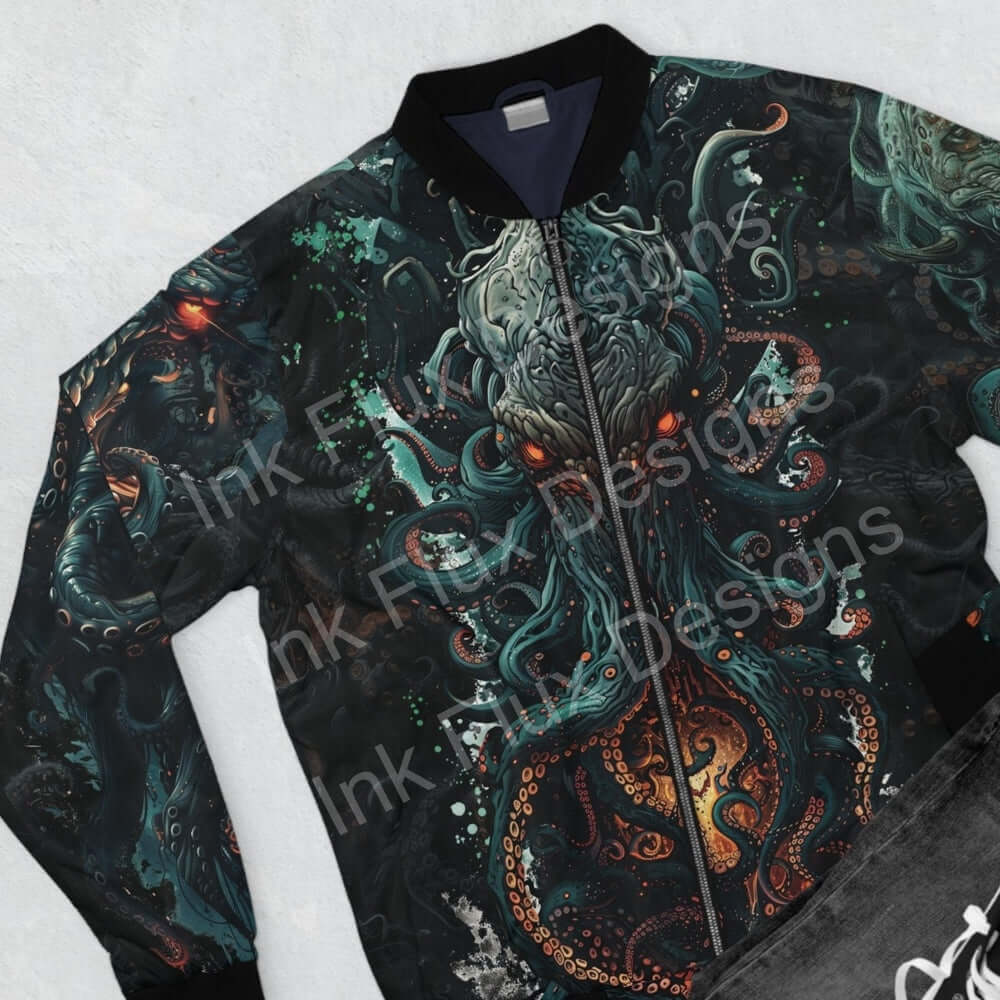 Artistic black jacket with intricate turquoise and orange designs, ideal for fashion-forward outerwear collection.