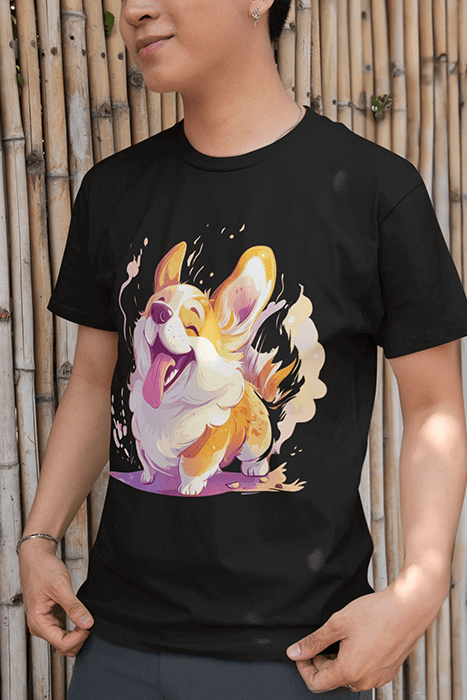 Person wearing a black T-shirt from the "Dogs Rule!" collection featuring a vibrant, artistic print of a joyful dog