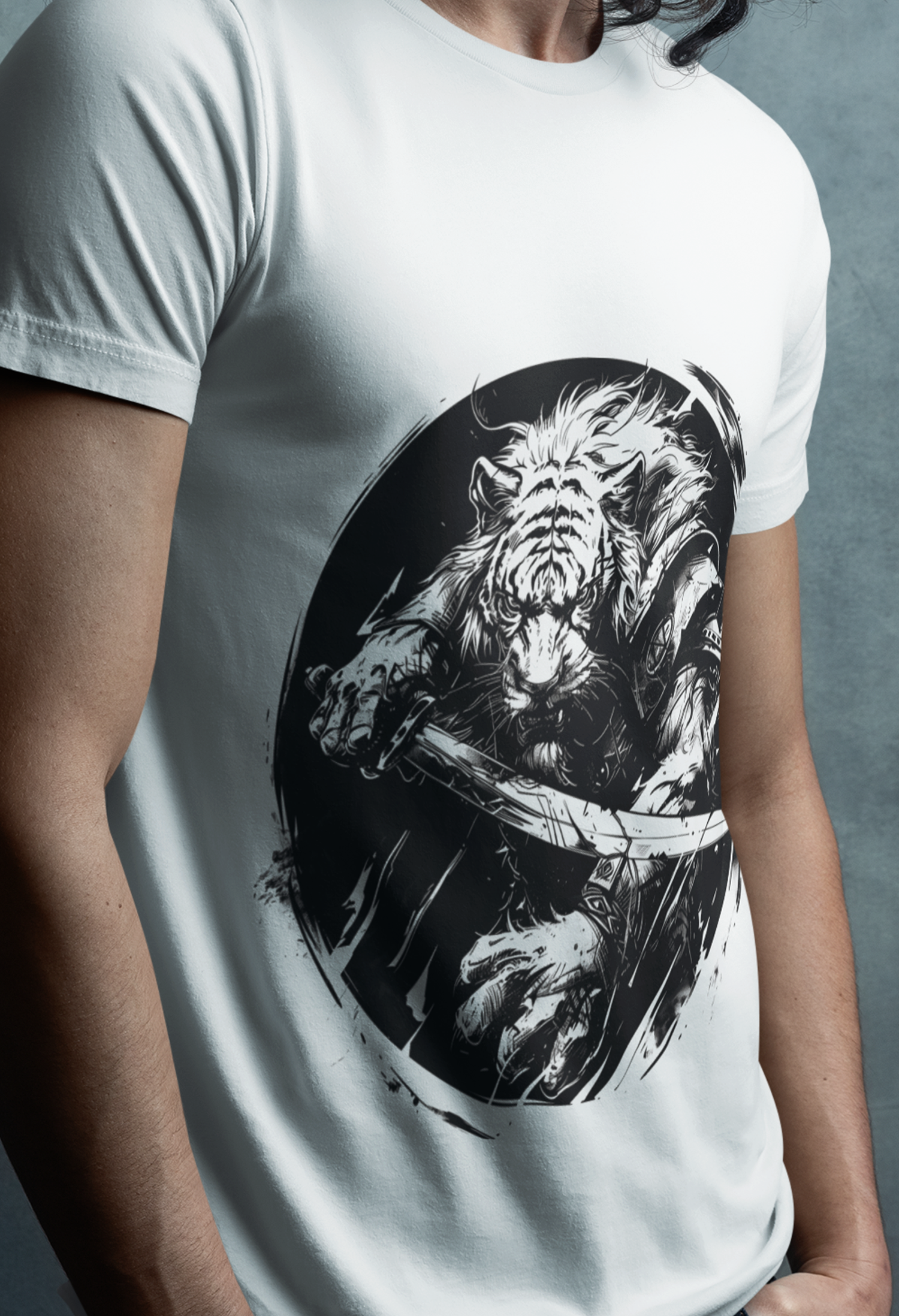 Person wearing a white t-shirt with a detailed black and white tiger graphic, embodying strength and spirit.