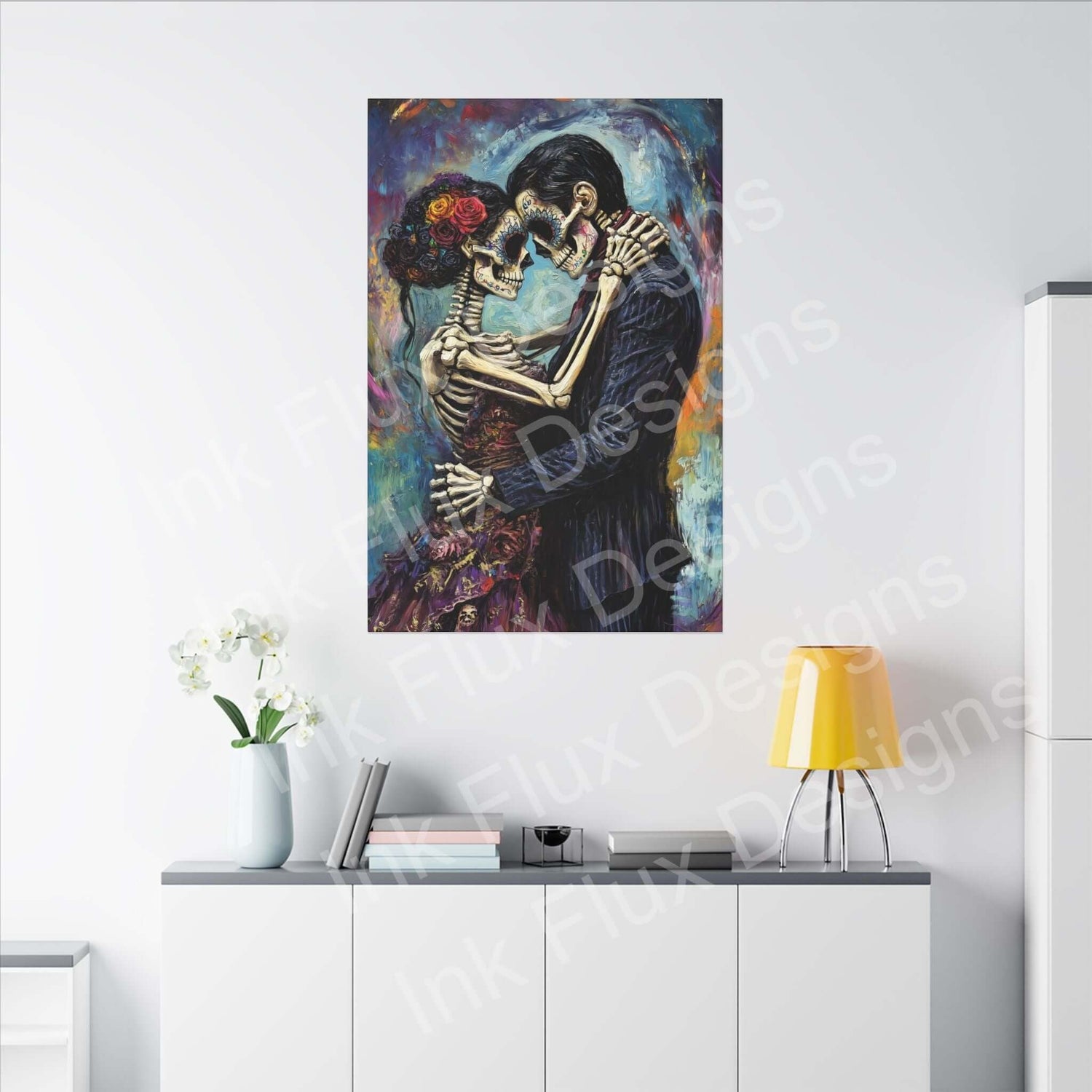 Day of the Dead Canvas Wall Art featuring a romantic embrace of decorated skeletons by Ink Flux Designs.