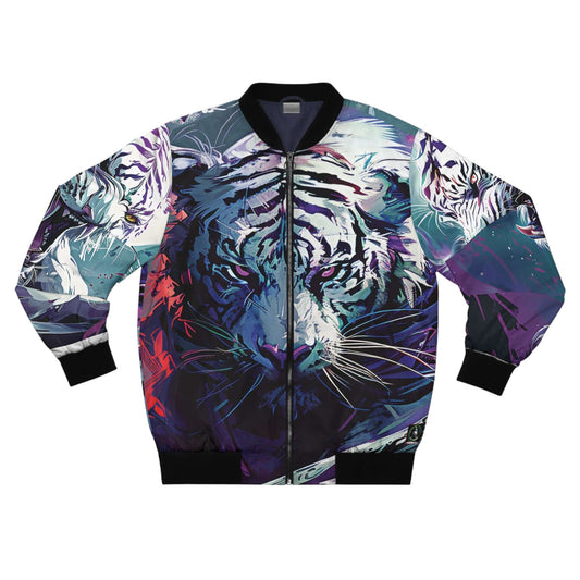 Introducing the Raging White Tiger Men's Bomber Jacket (AOP), a striking fashion piece with an artistic tiger design. Its bold blue, purple, and red colors create a vibrant look, while the all-over print covers the entire jacket for a dynamic and eye-catching effect in men's fashion.