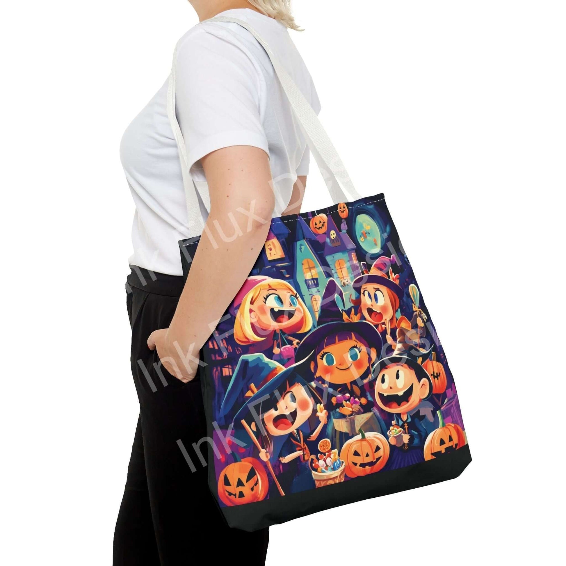 Woman carrying a Little Witches Tote Bag featuring vibrant all-over print of cartoon witches and Halloween motifs, made from durable polyester.