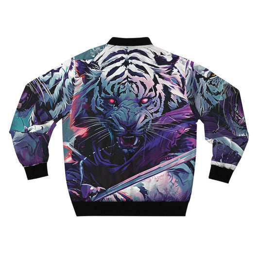 The Raging White Tiger Men's Bomber Jacket (AOP) showcases a striking design with a fierce, stylized white tiger adorned with glowing red eyes. The vibrant combination of purple and teal hues in the dramatic background, along with abstract patterns, ensures it is a standout item in men's fashion.