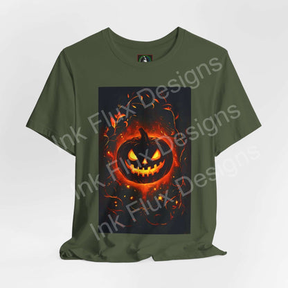 Jack-O-Lantern T-Shirt – Pumpkin Face Halloween Tee | Vintage pumpkin graphic on olive green shirt.