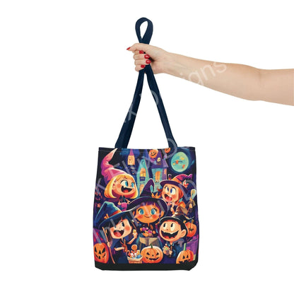 Hand holding a Little Witches all-over print tote bag featuring vibrant Halloween-themed illustrations, available in multiple sizes and handle colors.