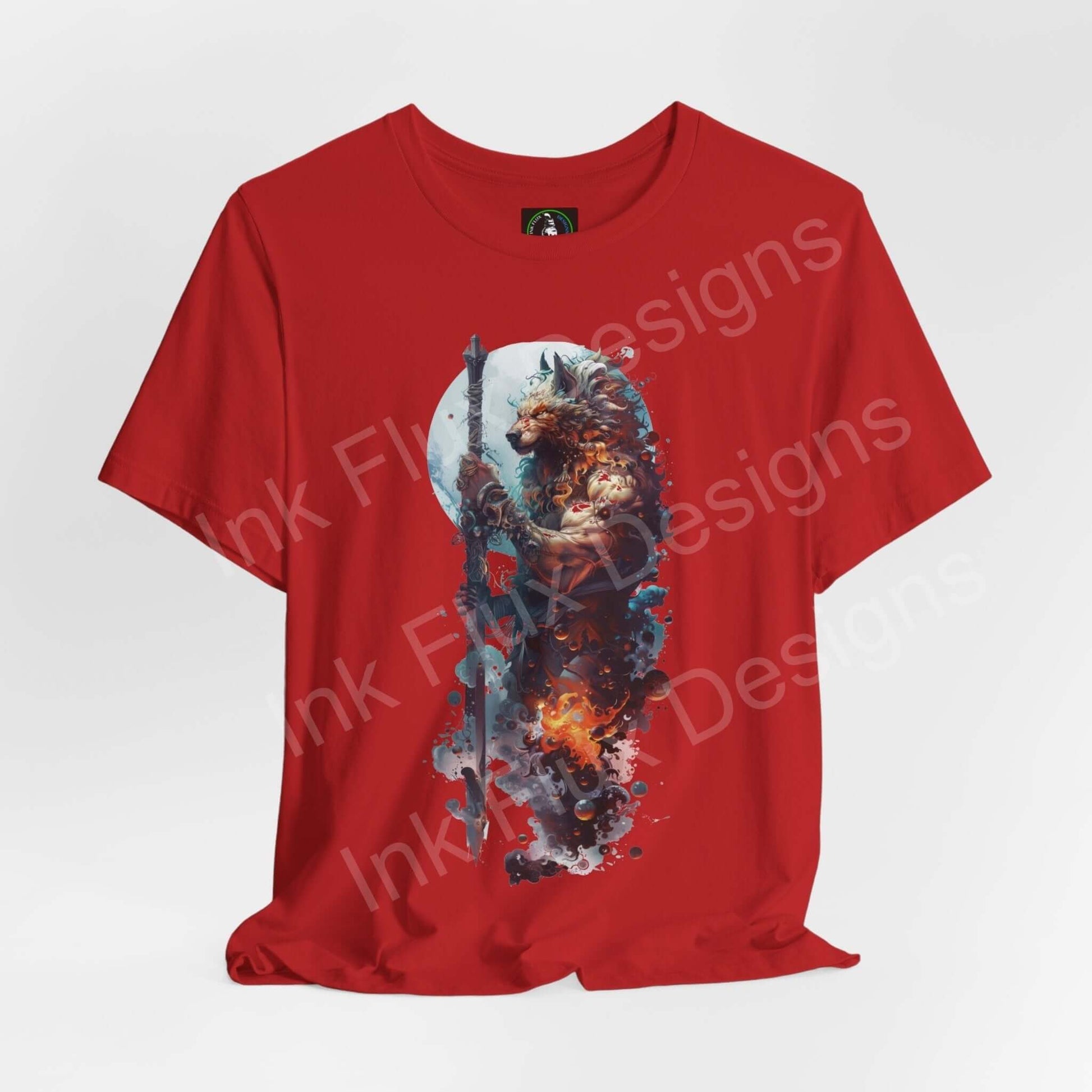 Red unisex T-shirt featuring a dynamic wolf graphic design, labeled Barbarous Wolf II, ideal for lovers of spirit animals and graphic tees.